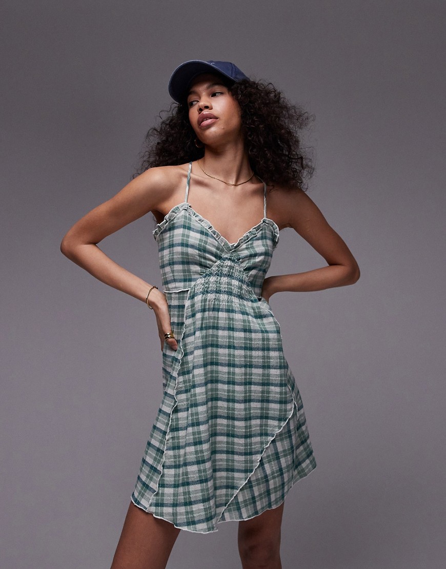 Topshop Strappy Ruched Waist Mini Flippy Dress In Mint Plaid-green