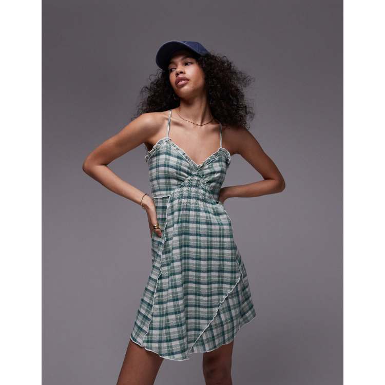 Topshop strappy ruched waist mini flippy dress in mint plaid ASOS