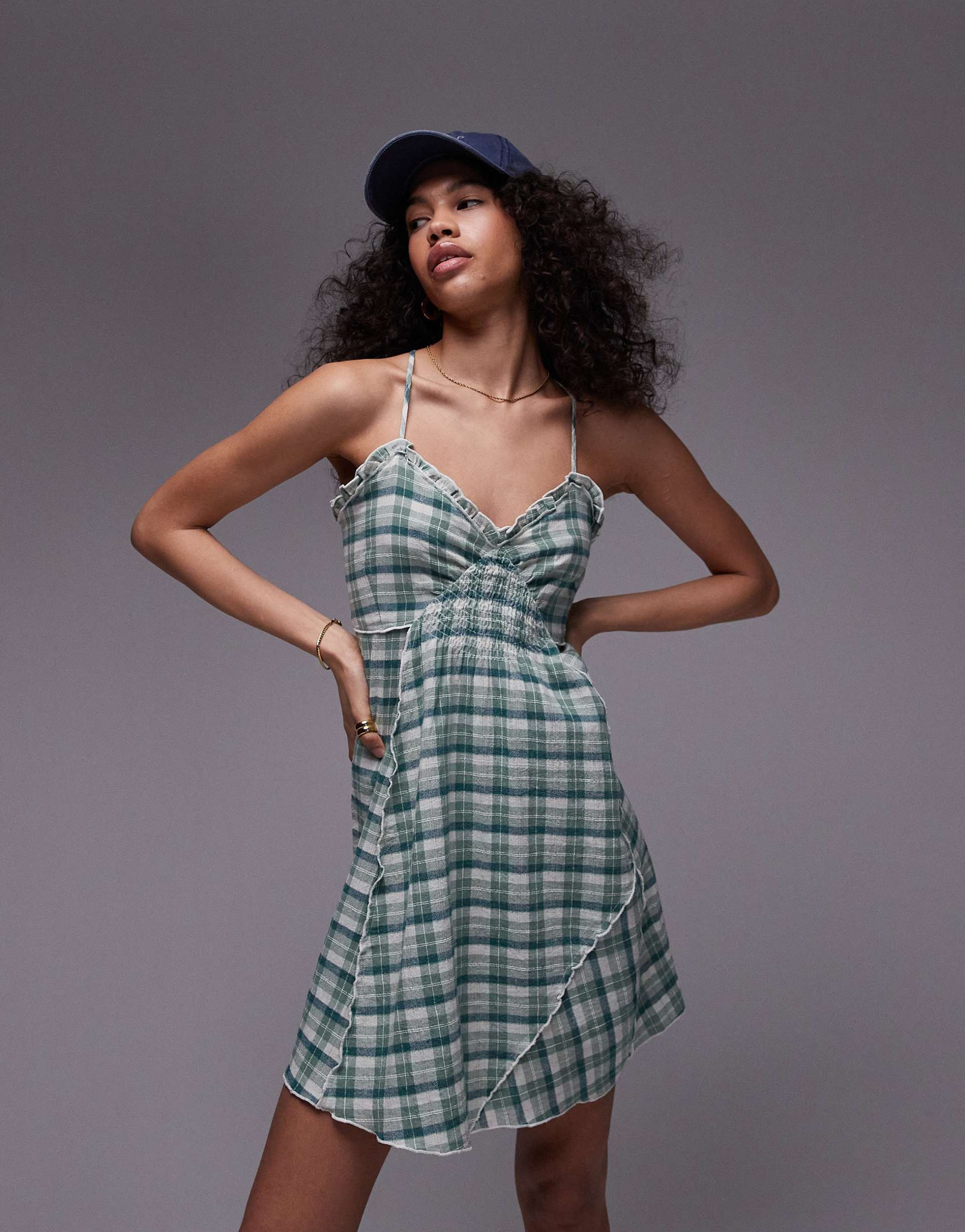 topshop strappy ruched waist mini flippy dress in mint plaid