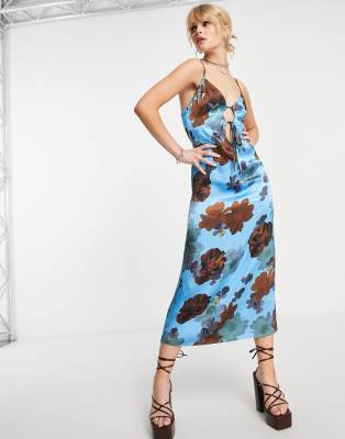 Topshop Strappy Satin Midi Dress With Cut-out Detail In Floral-multi