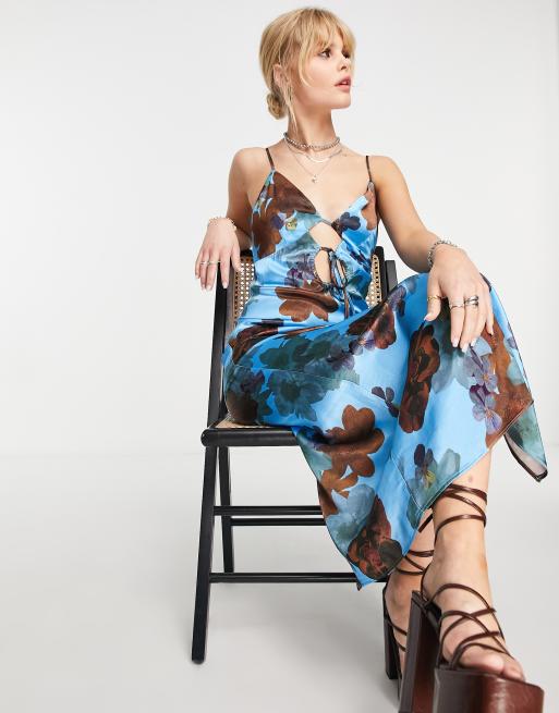 Satin Floral Strappy Midi Dress