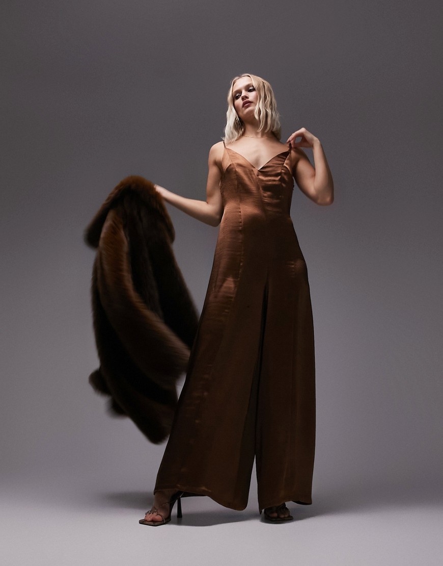 Topshop strappy satin wide leg jumpsuit in chocolate-Brown