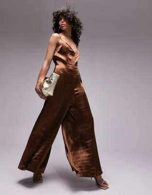 Topshop strappy satin wide leg jumpsuit in chocolate-Brown