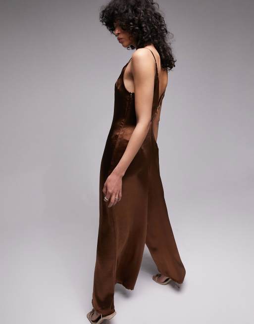 Topshop strappy satin wide leg jumpsuit in chocolate