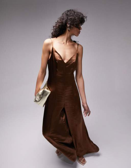 Topshop strappy satin wide leg jumpsuit in chocolate