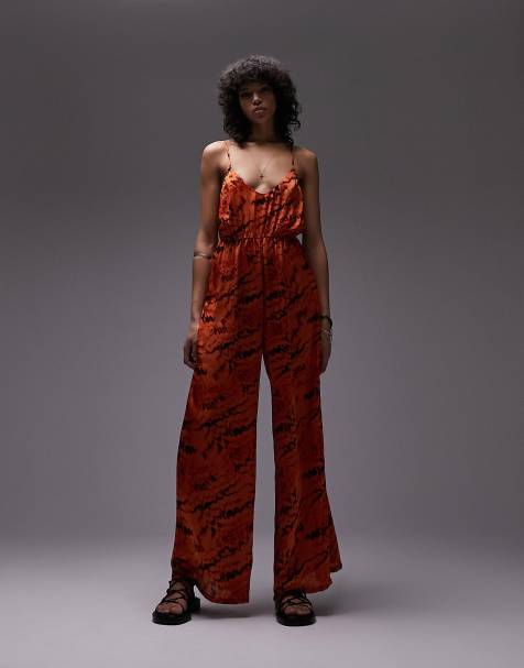 Topshop strappy slinky wide leg jumpsuit in print - view 1