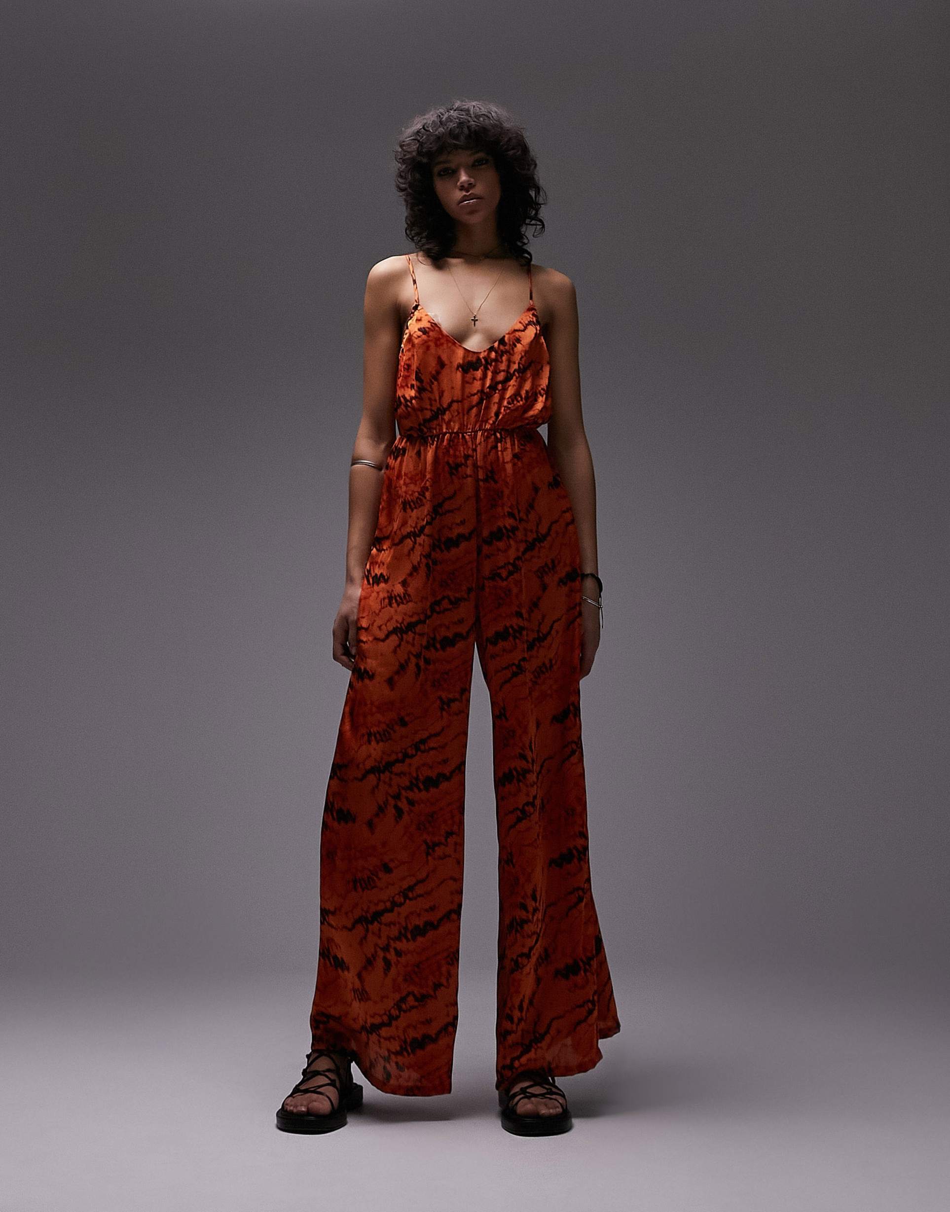 topshop strappy slinky wide leg jumpsuit in print
