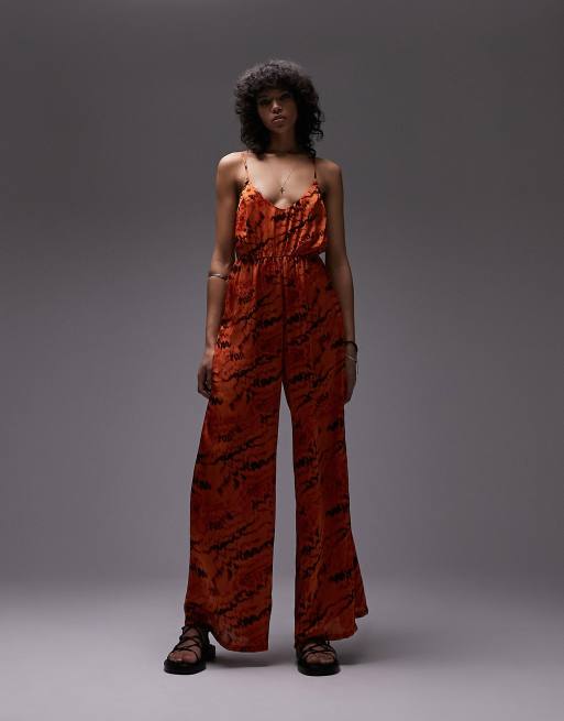 Topshop strappy slinky wide leg jumpsuit in print