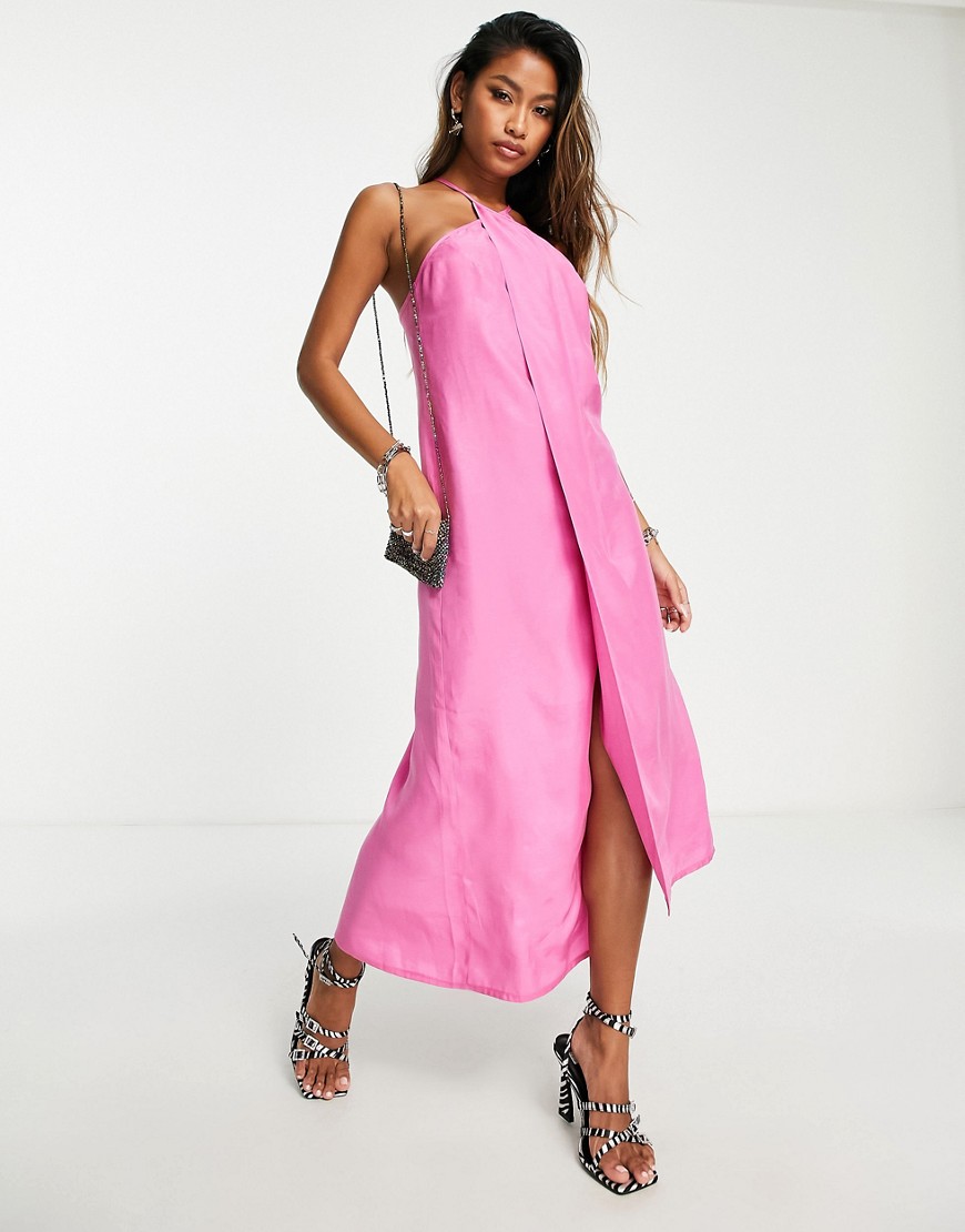 Topshop strappy slip midi dress in fuscia-Pink