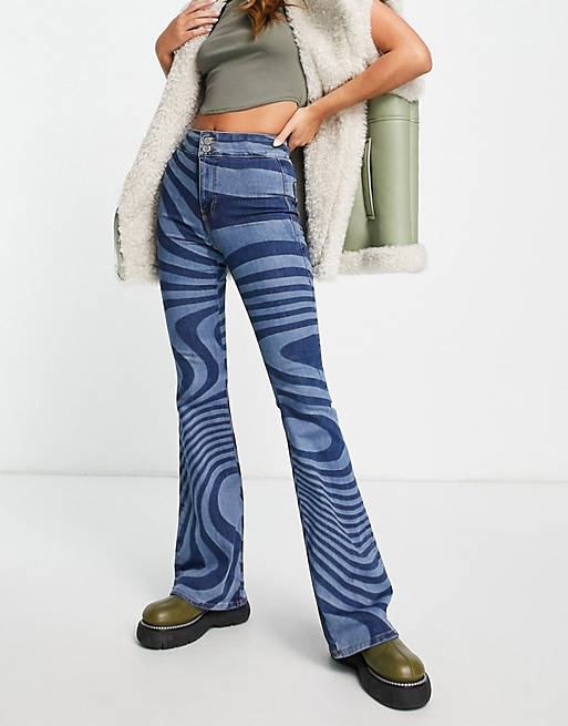 Jeans Topshop stretch flare jean in blue swirl print 