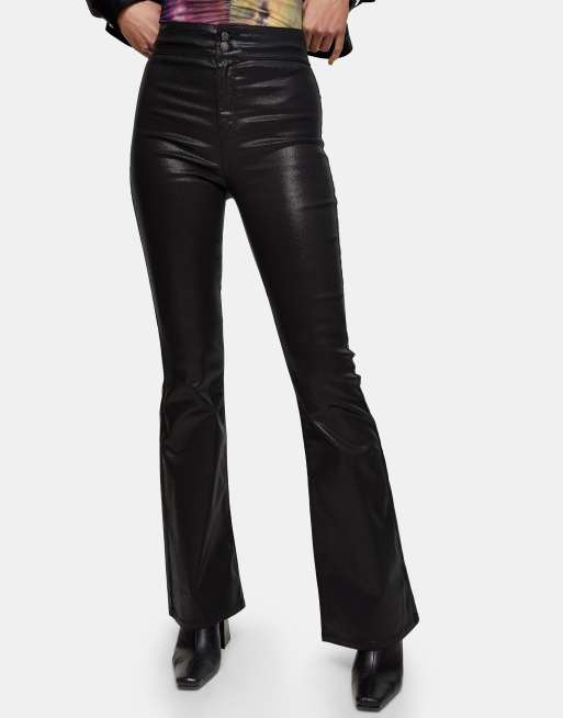 Topshop stretch flare jeans in coated black | ASOS