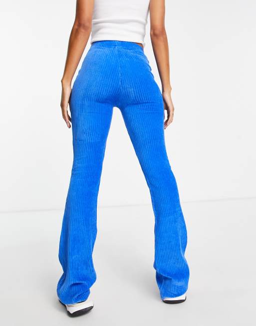 Topshop stretchy cord flared trouser in cobolt blue