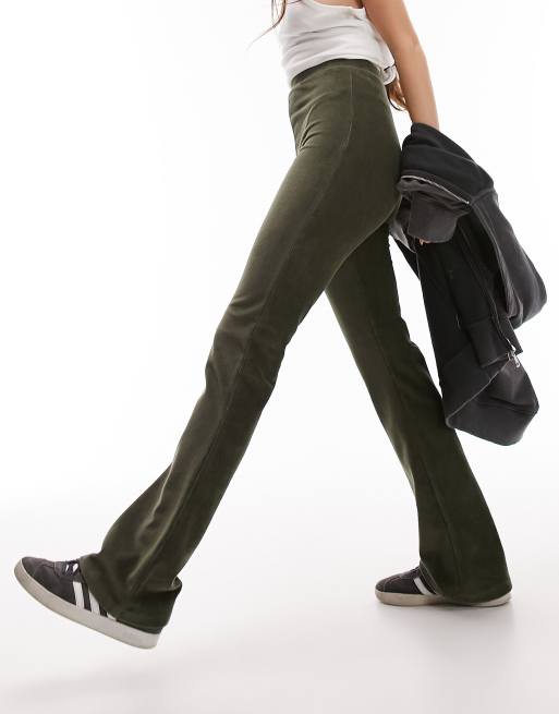 Topshop stretchy velvet cord flare pants in deep green, 2 of 4