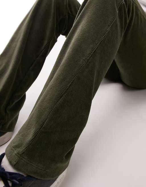 Topshop stretchy velvet cord flare pants in deep green, 3 of 4