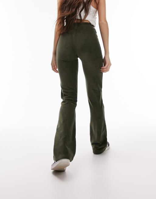 Topshop stretchy velvet cord flare pants in deep green, 4 of 4