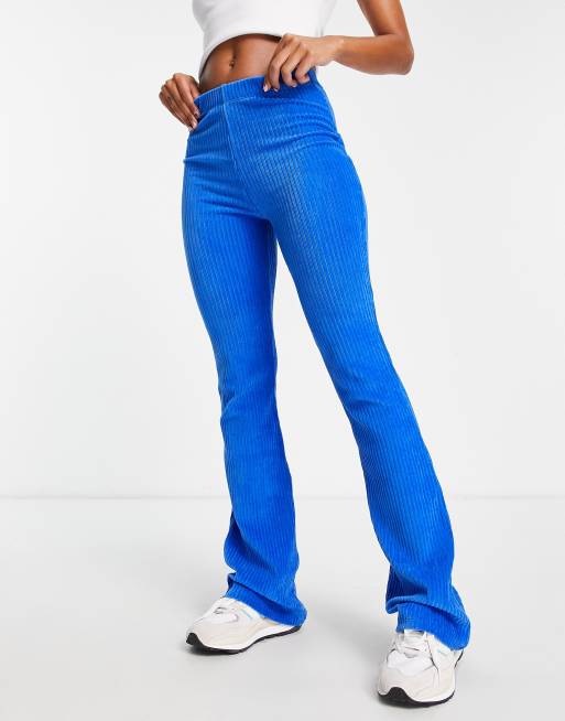 Topshop stretchy velvet cord flared pants in cobalt blue