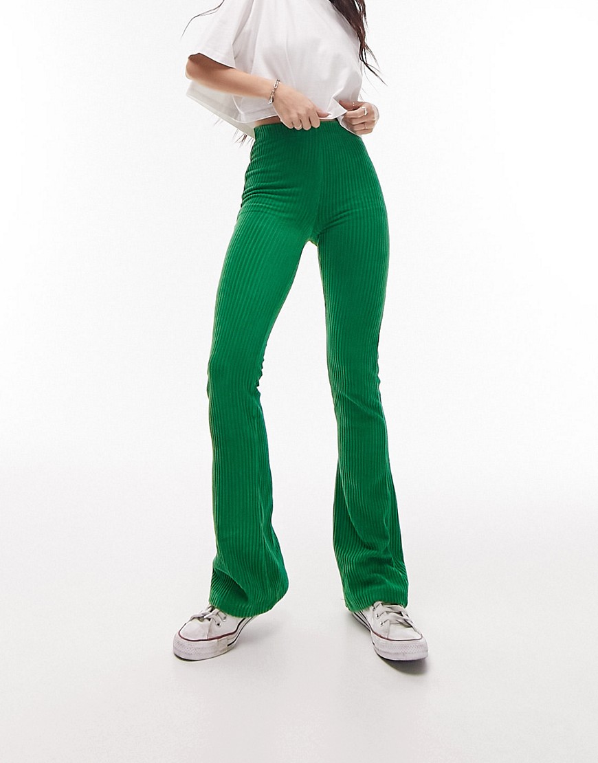 Topshop stretchy velvet cord flared trouser in green