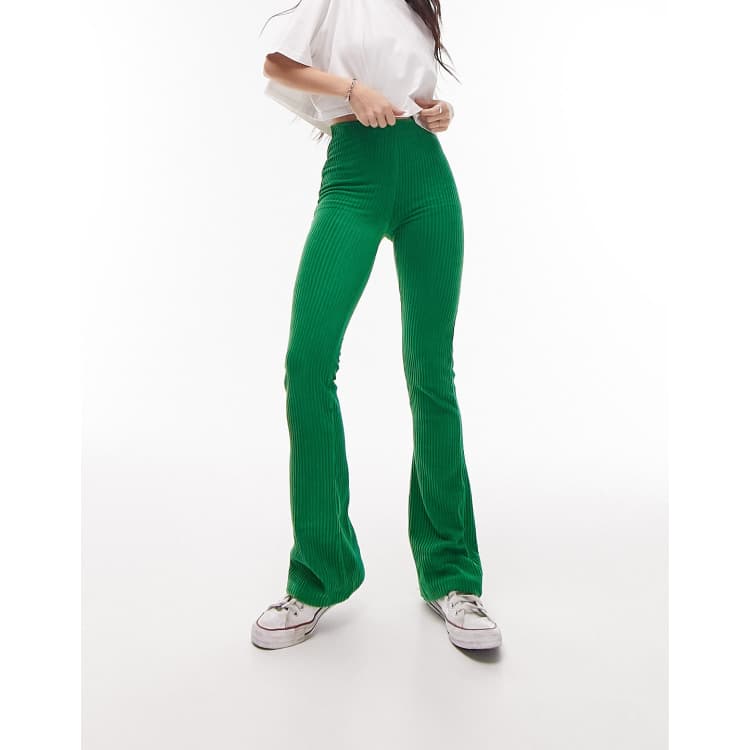 Topshop stretchy velvet cord flared trouser in green ASOS