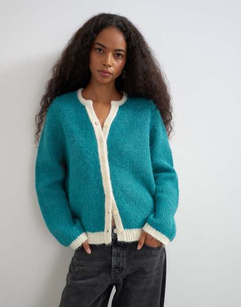 Topshop Strick-Cardigan mit flauschigem Eyelash-Effekt in Petrol mit Kontrastdetails - view 1