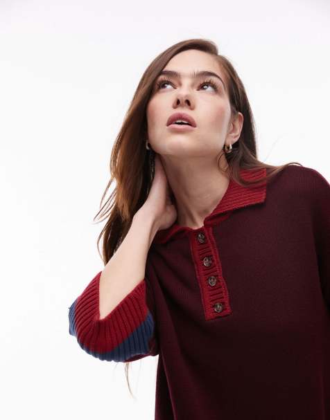 Topshop – Strick-Oberteil in Burgunderrot mit Knopfleiste - view 1