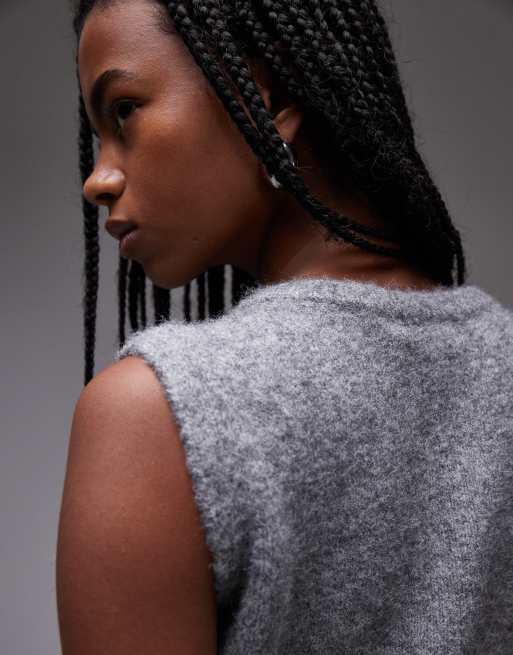 Topshop – Strick-Tanktop in Grau mit goldfarbenem Knopfdetail, 2 von 4