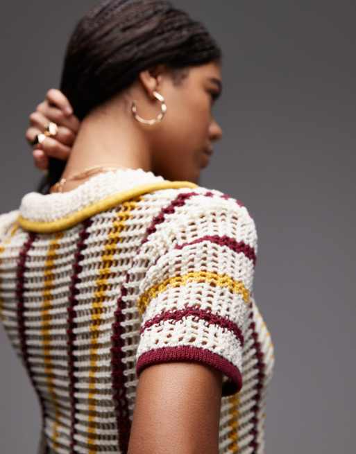 Topshop – Strickhemd in Rot, Senfgelb und Cremeweiß gestreift mit Lochmuster, Kombiteil, 4 von 4