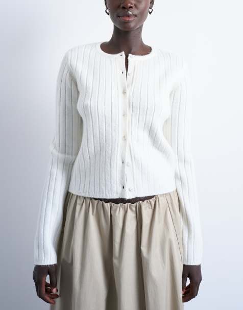 Topshop – Strickjacke aus Rippstrick in Weiß mit Knopf und Rundhalsausschnitt - view 1
