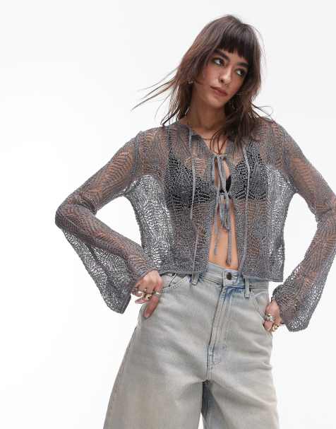 Topshop – Strickjacke in Anthrazit mit geschnürter Vorderseite - view 1