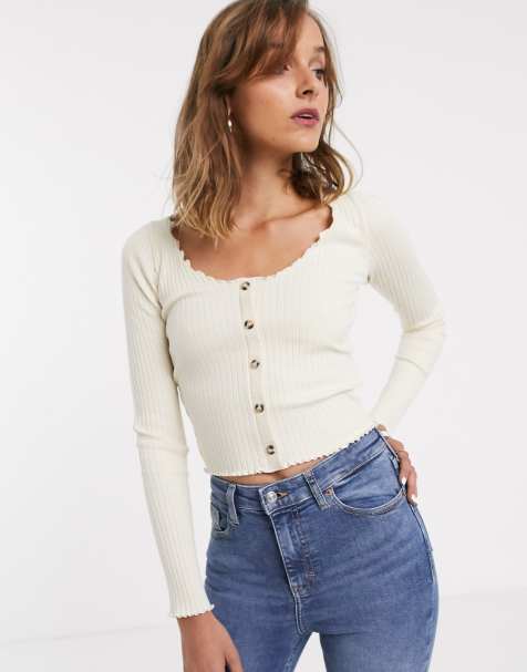 Topshop – Strickjacke in Creme mit gekräuseltem Saum