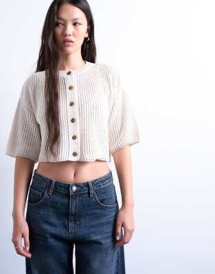 Topshop - Strickjacke in Cremeweiß mit halblangen Ärmeln und Strukturmuster