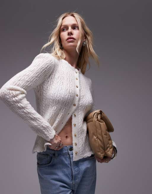 Topshop – Strickjacke in Elfenbein mit Lochmuster