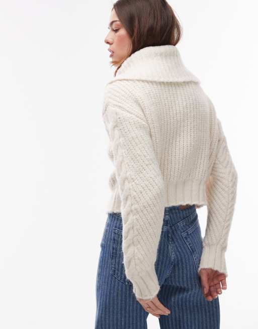 Topshop – Strickjacke in Elfenbeinweiß mit Kragen und dickem Zopfmuster, 3 von 4