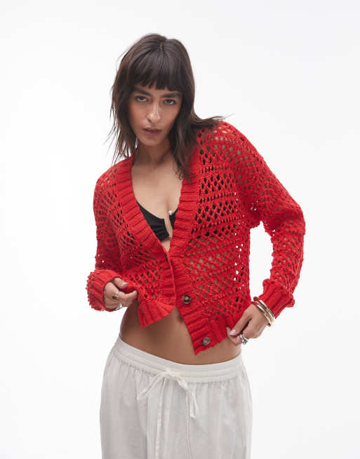 Topshop – Strickjacke in leuchtendem Rot mit Maschenmuster-Mix