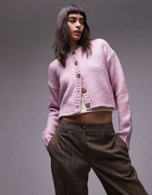 Topshop - Strickjacke in Rosa mit Rundhalsausschnitt