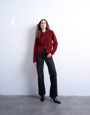 Topshop - Strickjacke in Rot mit Kragen und Ring am Reißverschluss-Orange