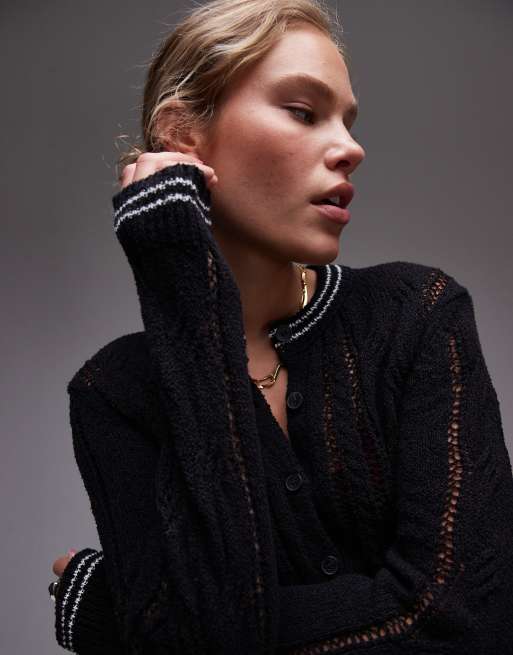 Topshop – Strickjacke in Schwarz-Weiß mit Zopfmuster und kontrastierenden Zierstreifen