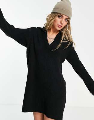 Topshop – Strickkleid in Schwarz mit Kragen | ASOS