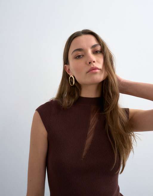Topshop – Strickoberteil aus transparentem Materialmix in Schokobraun mit Flügelärmeln, 4 von 4