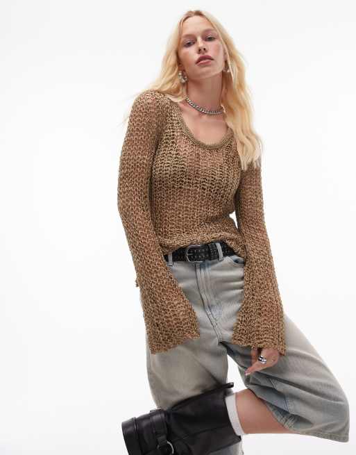 Topshop – Strickoberteil in Nerzbraun mit grobmaschigem Strickmuster und U-Boot-Ausschnitt