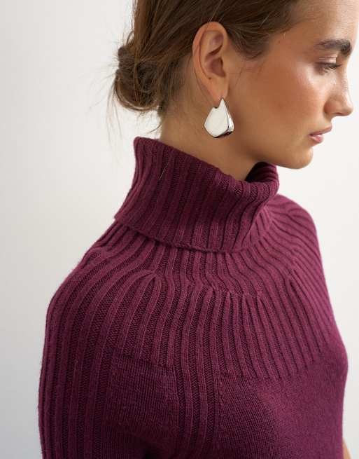 Topshop Strickoberteil mit Rippeneinsatz und Stehkragen in Maulbeere, 3 von 4