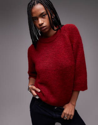 Topshop - Strickpullover aus Wollmix in Rot mit halblangen Ärmeln