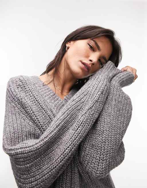 Topshop – Strickpullover in Anthrazit mit V-Ausschnitt, 3 von 4