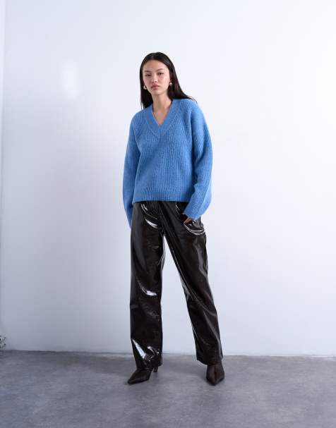 Topshop – Strickpullover in Blau mit V-Ausschnitt - view 1