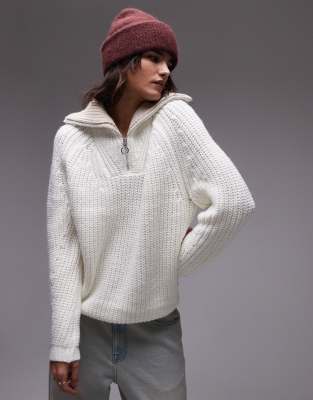 Topshop - Strickpullover in Creme mit kurzem Reißverschluss und Kragen-Bunt