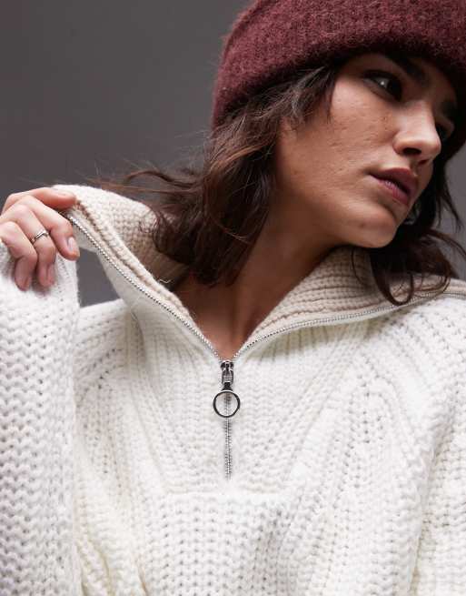 Topshop – Strickpullover in Creme mit kurzem Reißverschluss und Kragen, 2 von 4