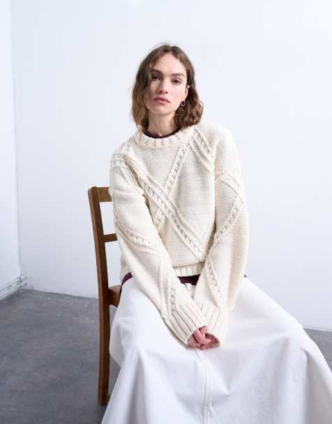 Topshop – Strickpullover in Cremeweiß mit Rautenmuster - view 1