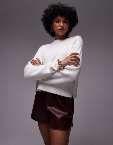 Topshop – Strickpullover in Elfenbein mit Rundhalsausschnitt, Raglanärmeln und sichtbaren Nähten - view 1