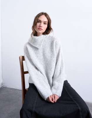 Topshop - Strickpullover in Grau mit geteiltem Rollkragen-Keine Farbe