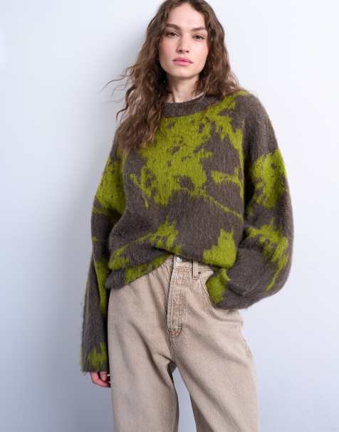 Topshop – Strickpullover in Grün mit verschwommenem Blumenmuster - view 1