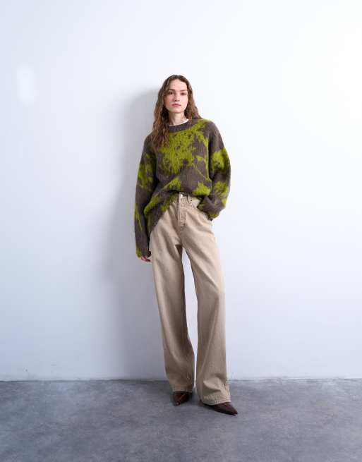 Topshop – Strickpullover in Grün mit verschwommenem Blumenmuster, 2 von 4